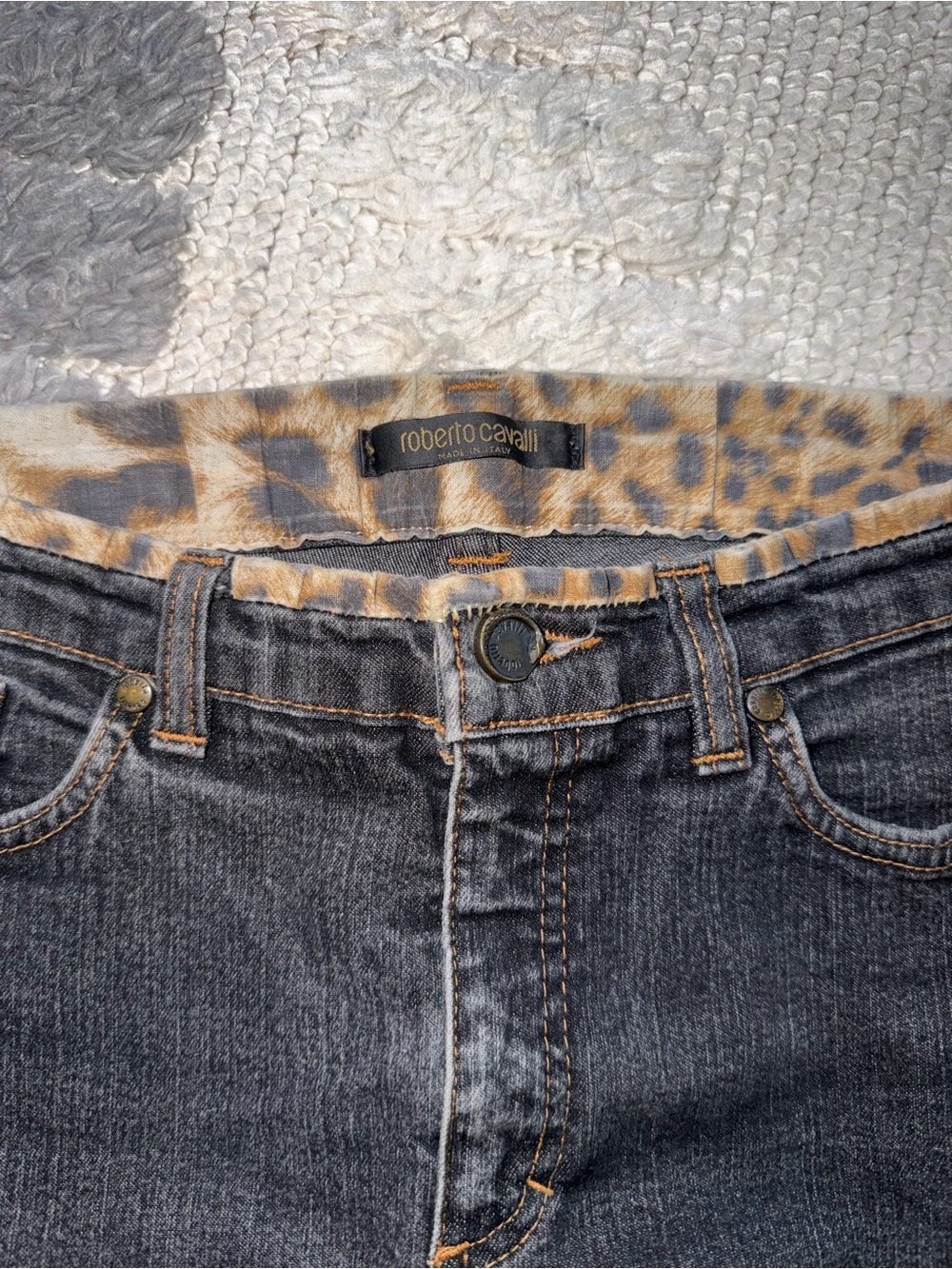 Roberto Cavalli Women's Charcoal High-Rise Jeans with Leopard Trim